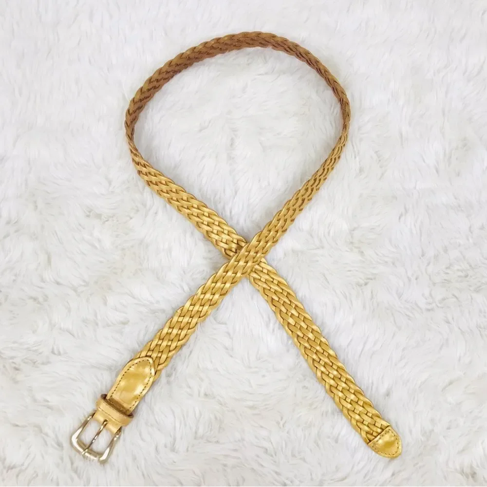 VINTAGE 90s Gold Metallic Woven Leather Belt‎ Braided Y2K Retro Medium Large